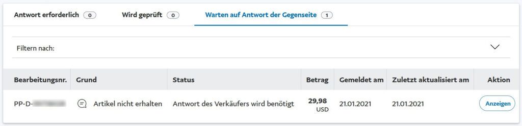 Paypal Beschwerde eingeleget